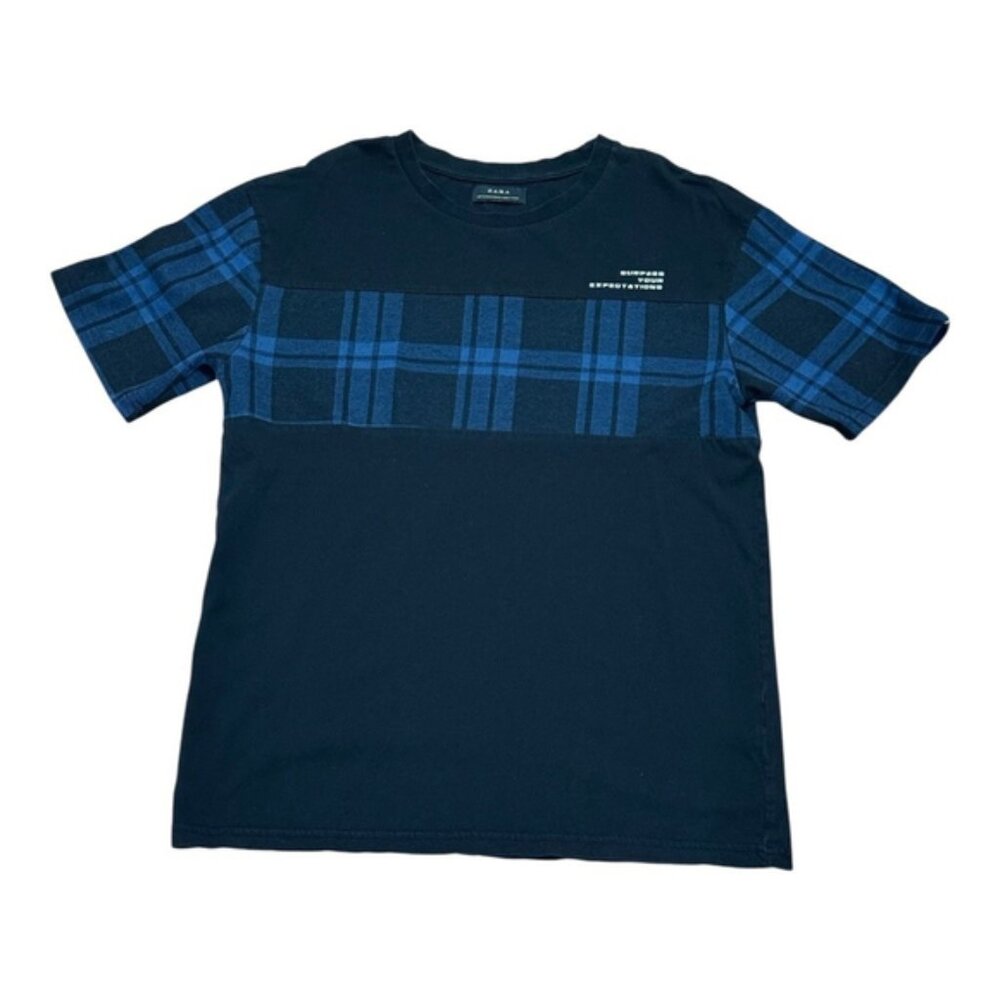 Zara Shirt Mens Medium Black Blue Plaid Surpass Your Expectations Short Sleeve